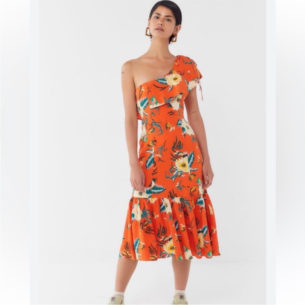 Urban Outfitters Orange Ruffled Tiered One Shoulder Dress